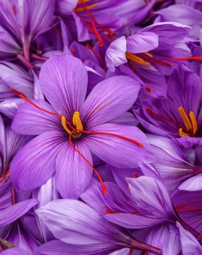 Harvest Flowers of saffron after collection. Crocus sativus, com &copy; petiast - stock.adobe.com