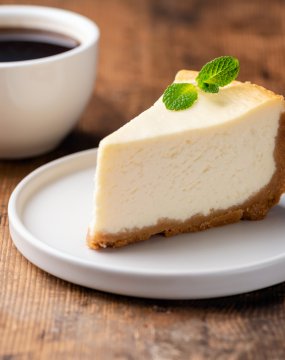 Cheesecake and cup of coffee on wooden table. Coffee and cake. Horizontal view &copy; Vladislav Noseek - stock.adobe.com